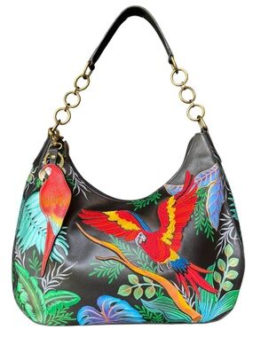 Anuschka Macaw Forest Painted & Embroidered Hobo Bag w/ Macaw Bag Charm